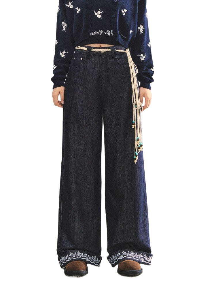 Navy Blue Boho Embroidered Belted Jeans