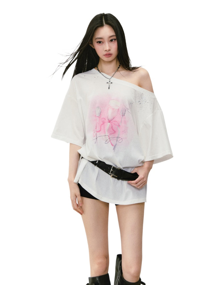 Rhinestone Printed Asymmetric Shoulder Short sleeve T-shirt