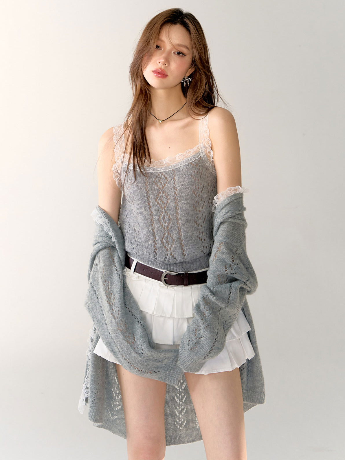 Gray & Purple Lace Trim Tank Top