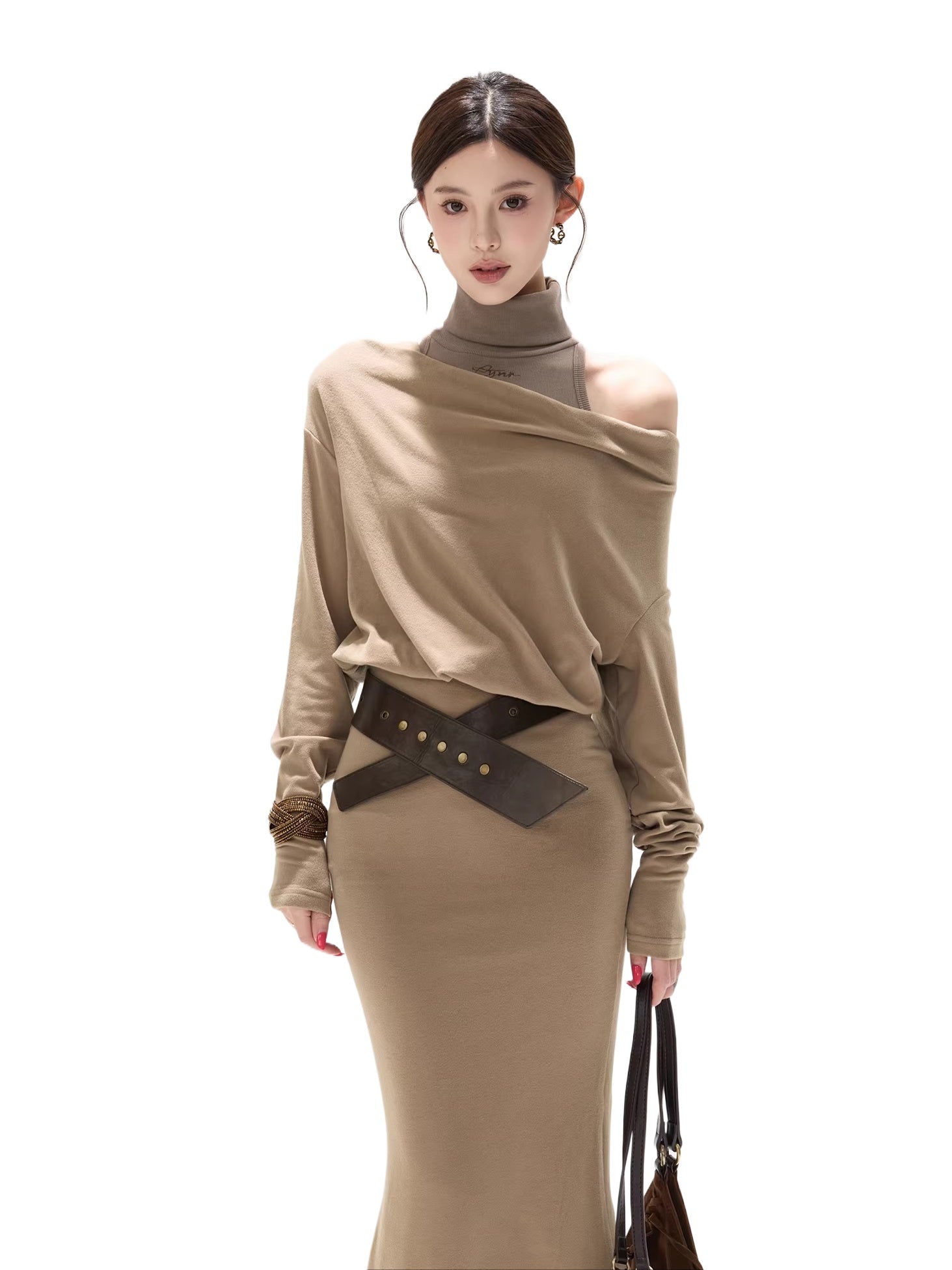 Khaki Draped High-neck Dress