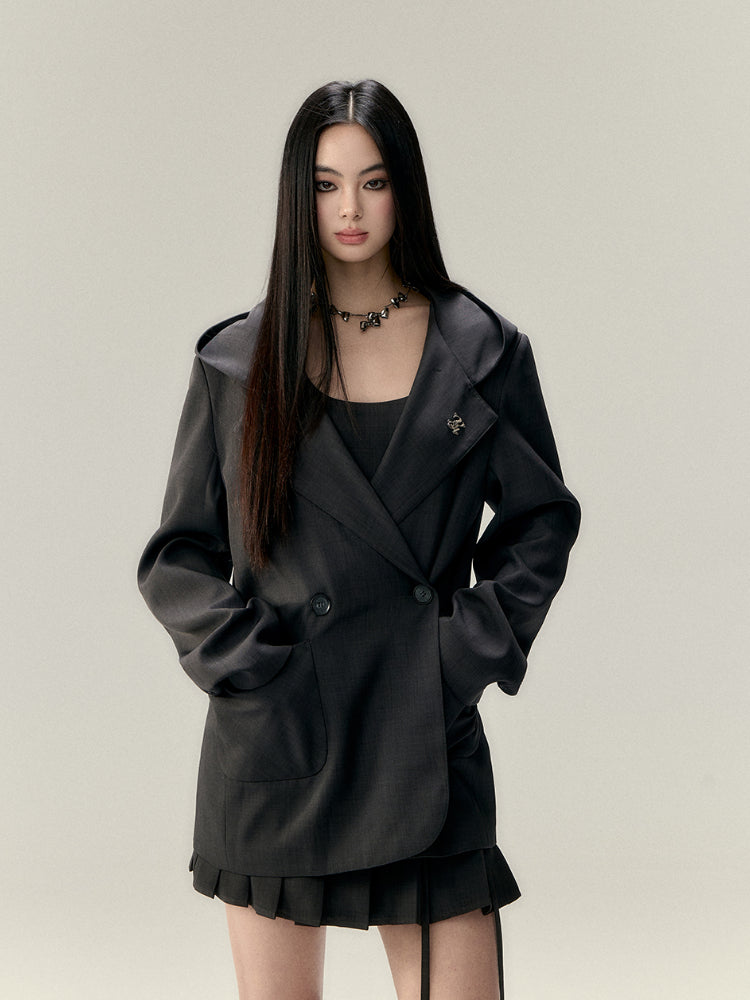 Hooded Waist Cinching Double-Breasted Blazer