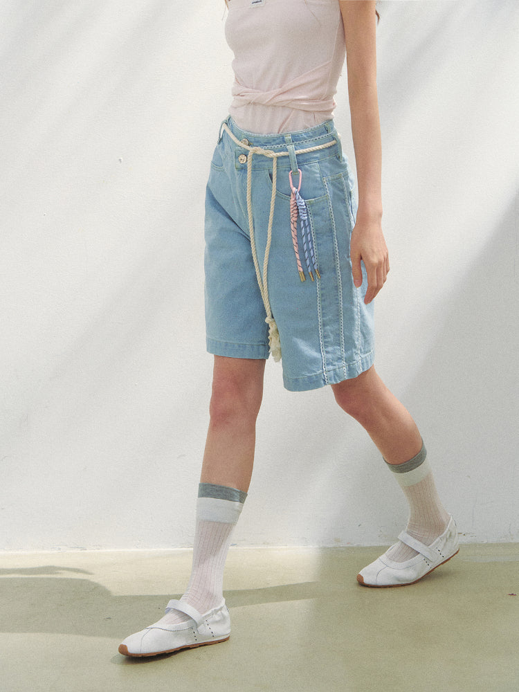 Lace-adorned Polka-dot Denim Capri Pants