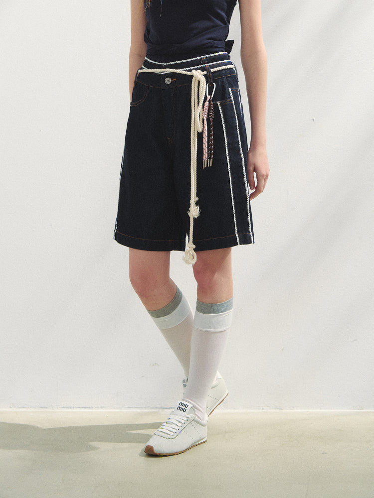 Lace-adorned Polka-dot Denim Capri Pants