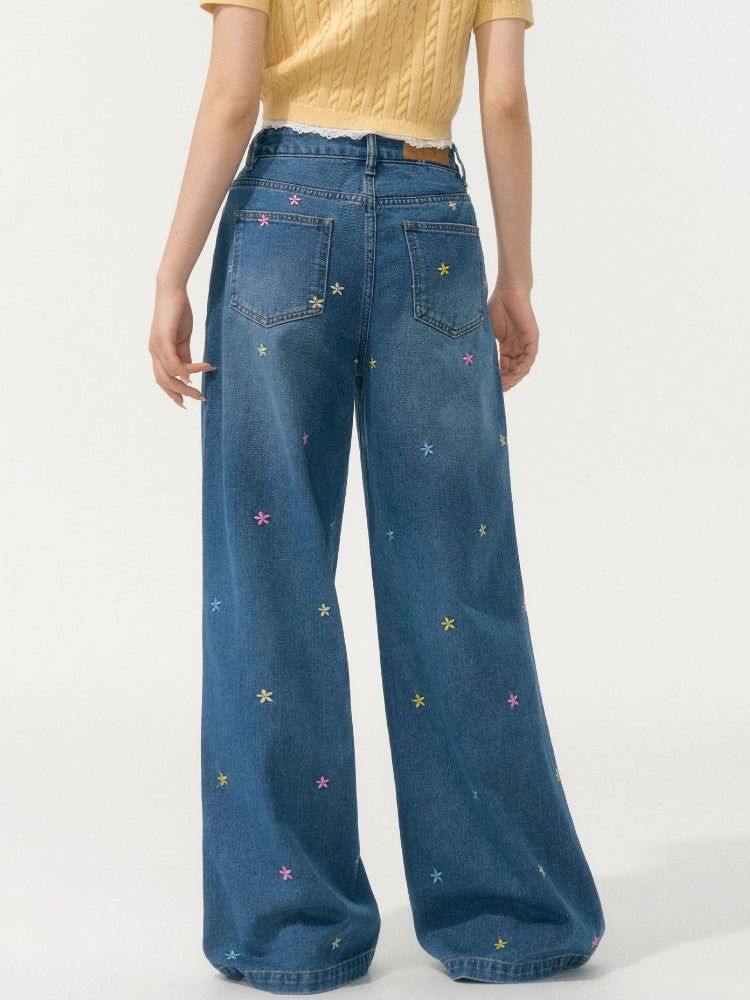 Embroidered High-Waisted Wide-Leg Pants