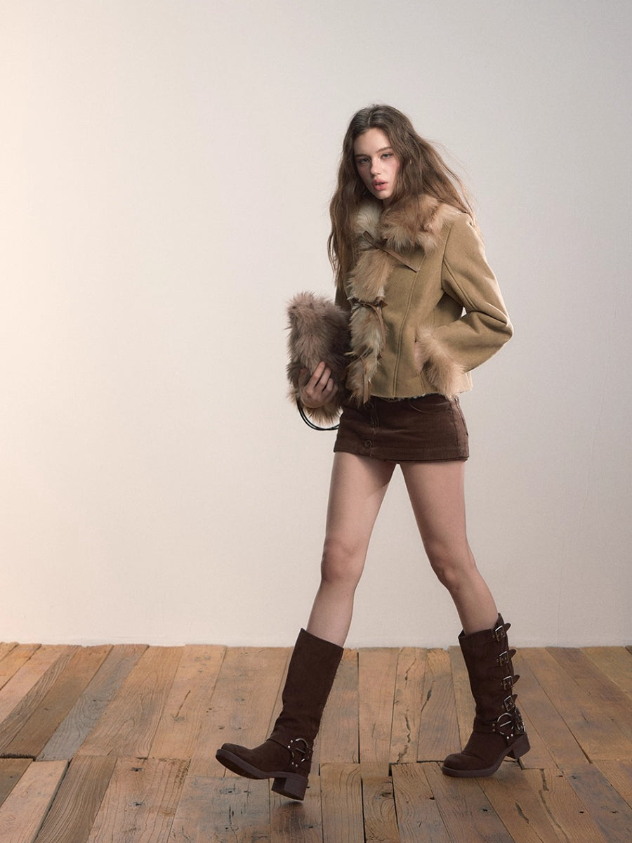 Bow Knot Tie Faux Leather Fur Combo Jacket
