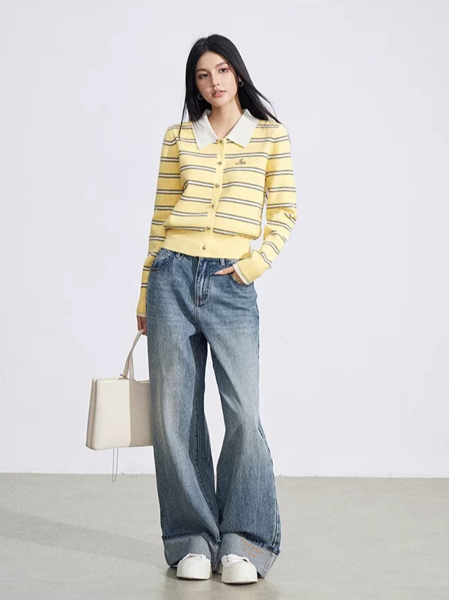Yellow & Gray Striped Polo Knit Top
