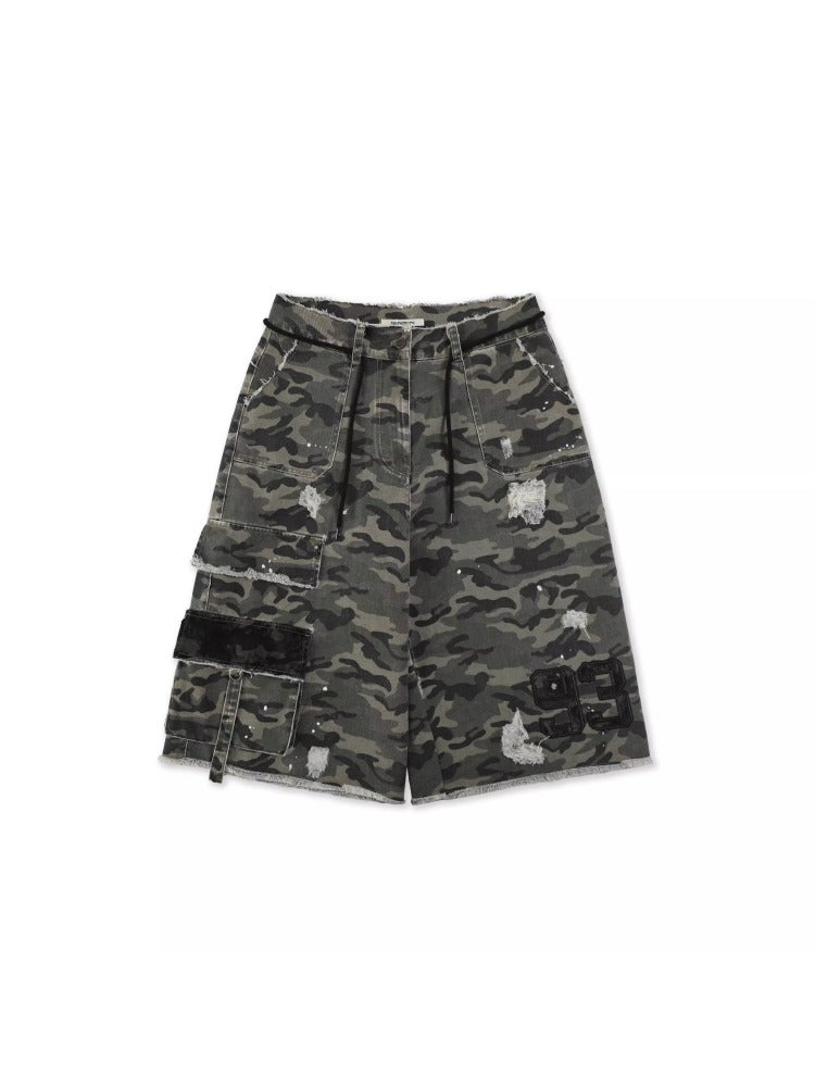 Lace Patchwork Ripped Camouflage Capri Pants