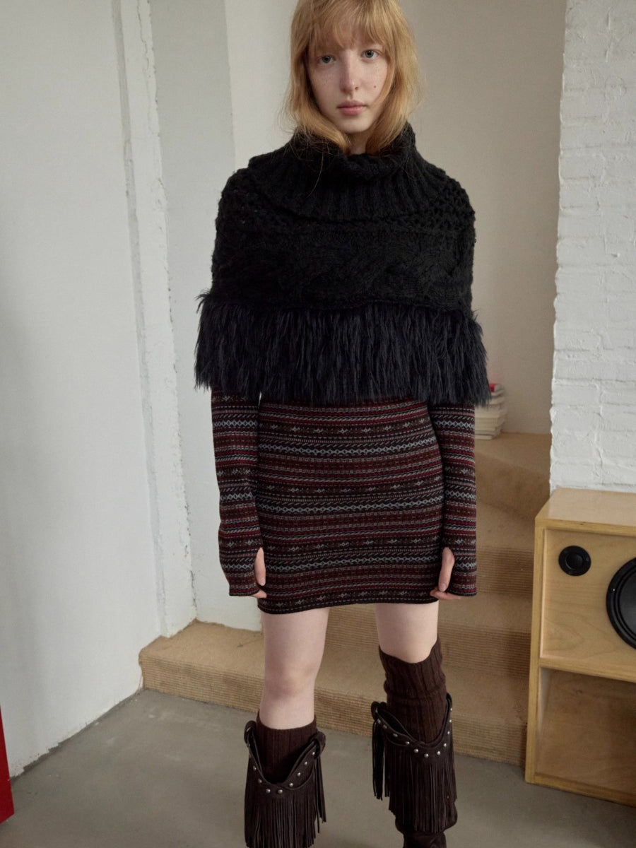 Cable Knit Fringed High-Neck Wool Blend Poncho