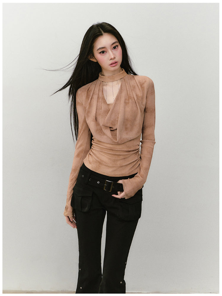 Chain Halter Draped Neck Fitted T-shirt