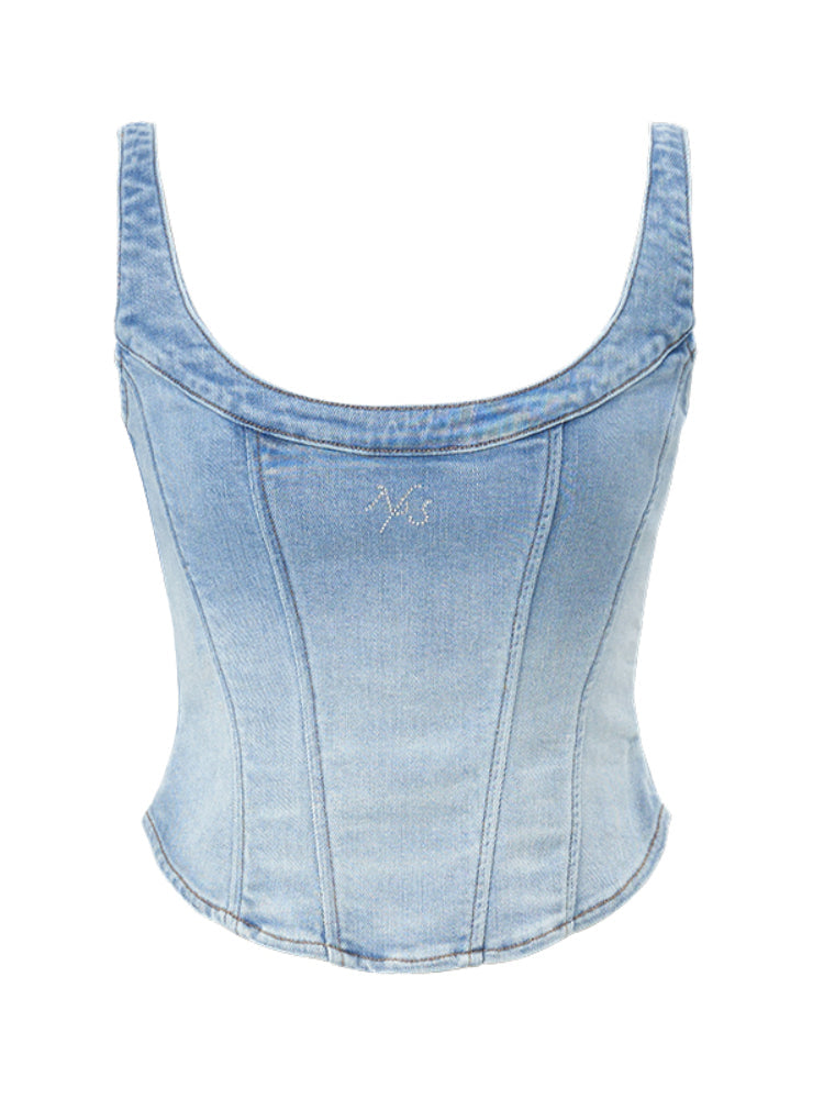 Twill Denim Big U-neck Waist Cinching Vest