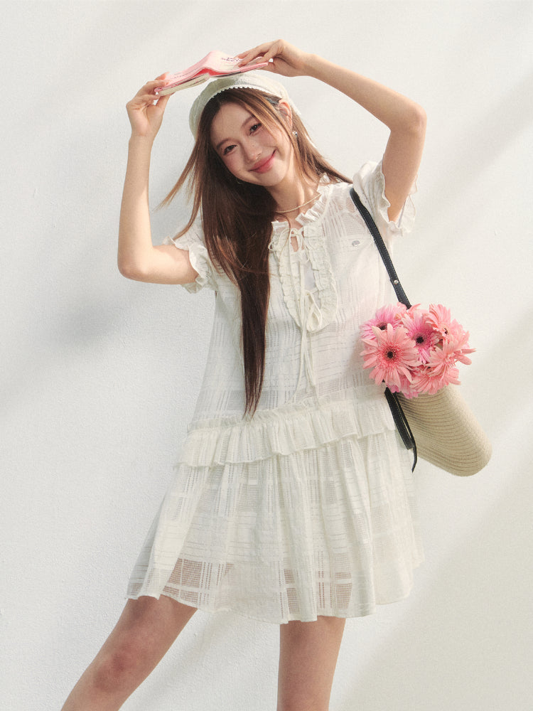 Checkered Hollow-Out Ruffled Dress Set