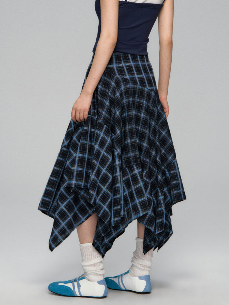 Irregular Navy Blue Checked Midi Skirt