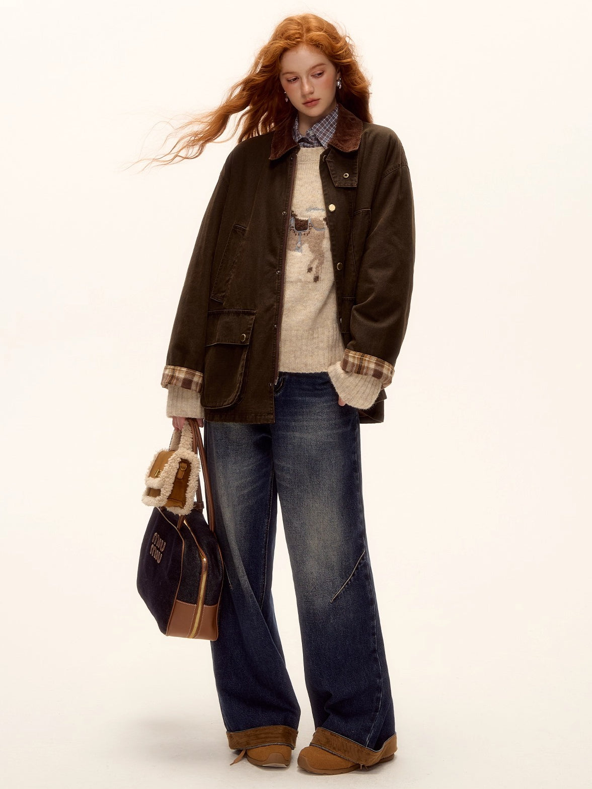 Suede Patchwork Cat-Whisker Wide-Leg Jeans