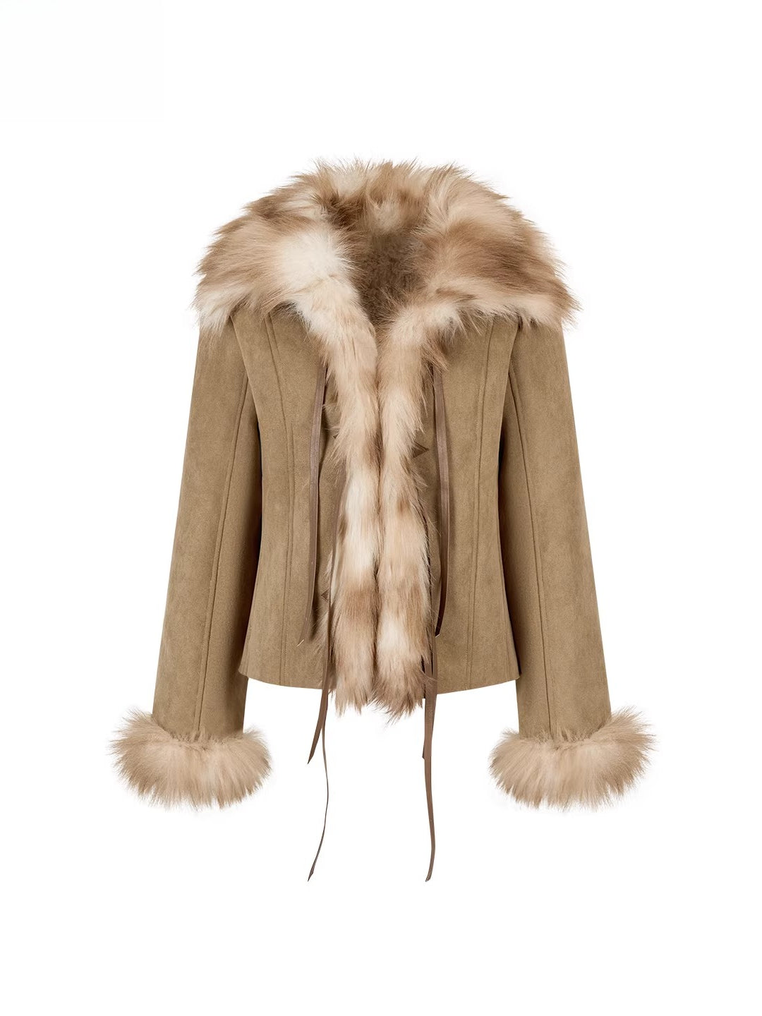 Bow Knot Tie Faux Leather Fur Combo Jacket