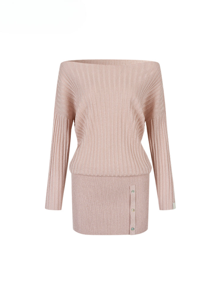 Thin One-shoulder Oblique-shoulder Button Dress