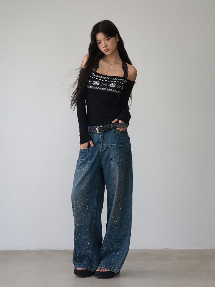 Lace Halter Two-way One-shoulder Sweater