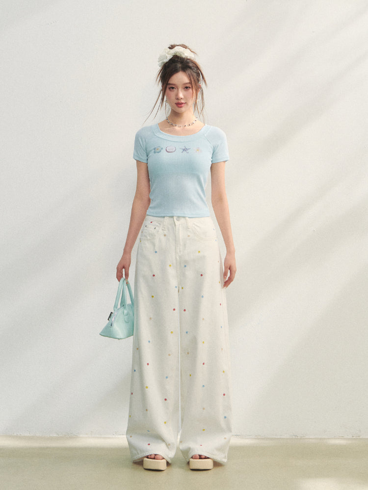 Crew Neck Printed Backless Embroidered T-Shirt