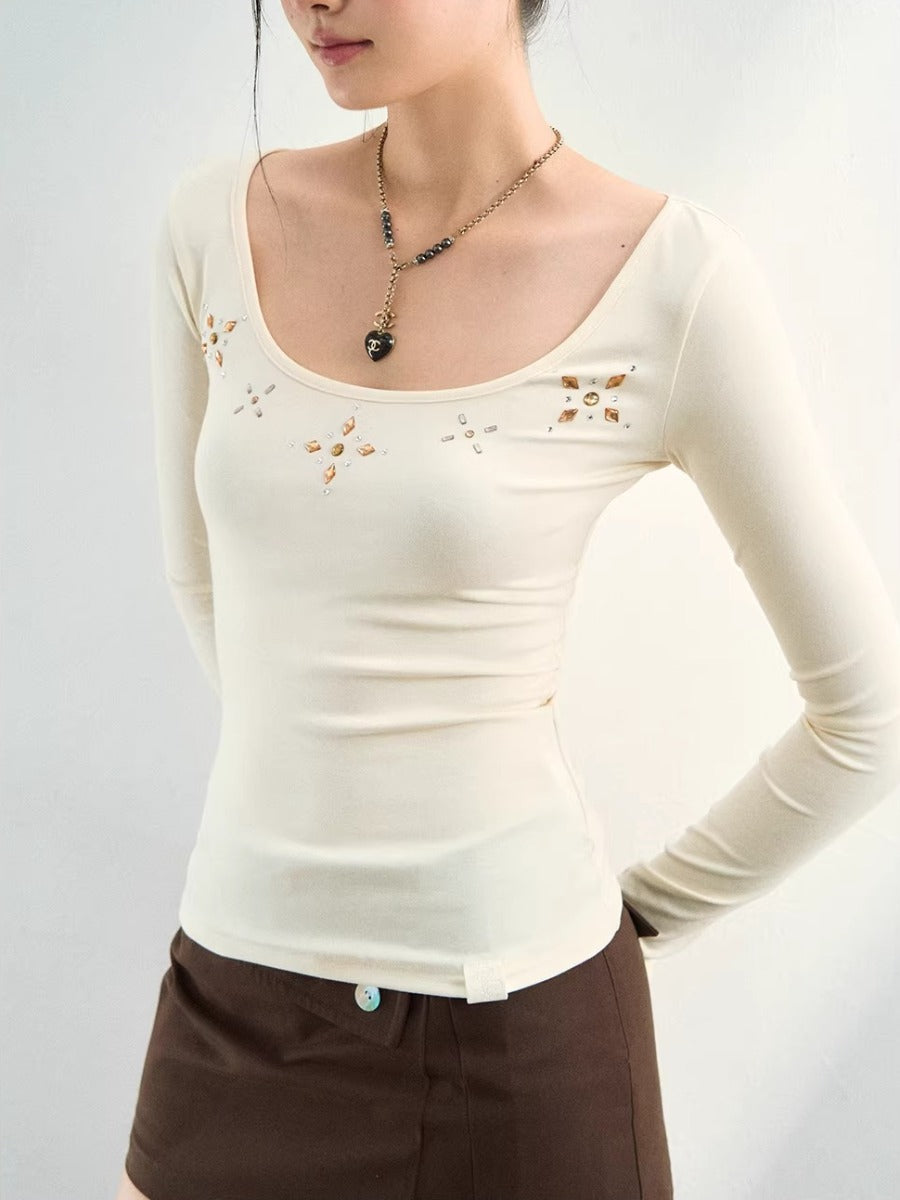 Rhinestone Knit U-Neck Tee