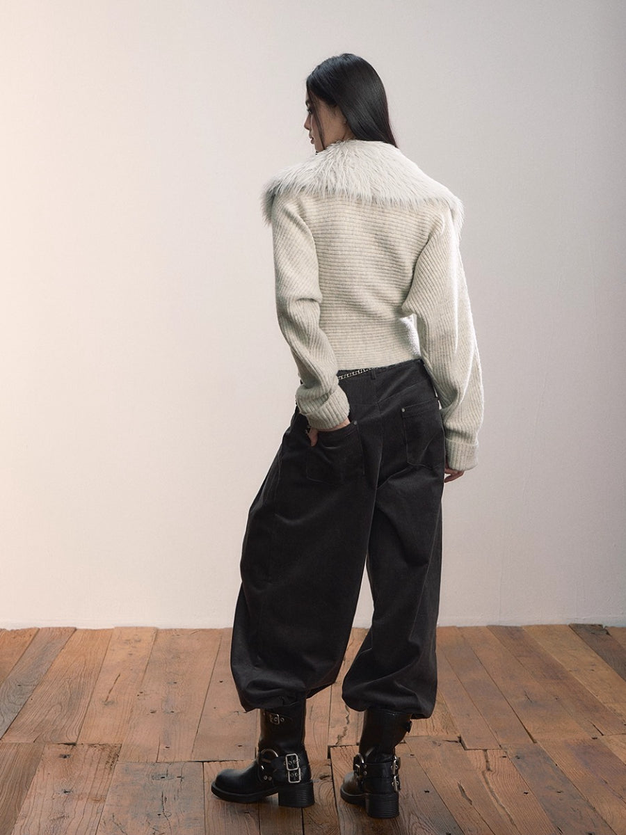 Dark Gray Pleated Corduroy Retro Casual Trousers