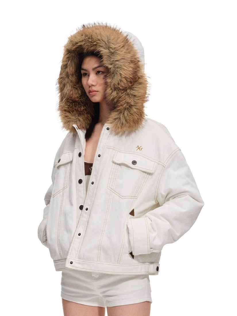 Polar Cotton Eco Fox Fur Collar Denim Jacket