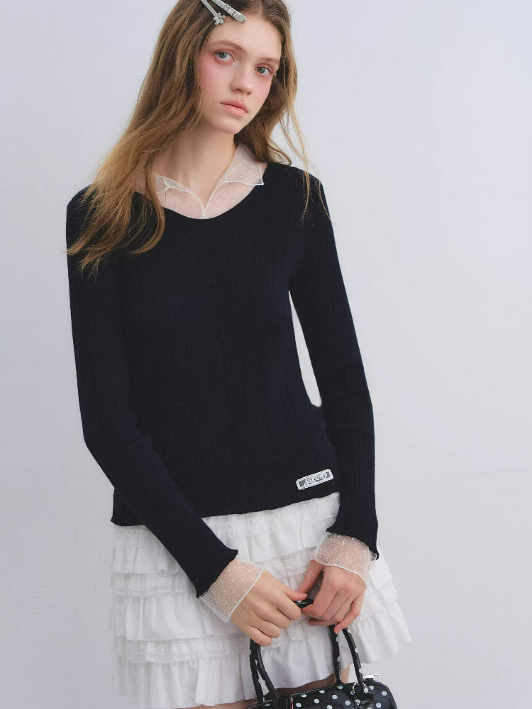 Polka Dot Mesh Wool Blend Knit Top