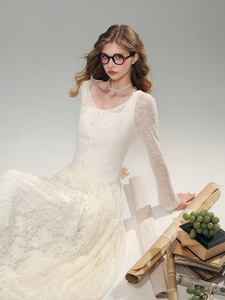 White Lace Knit Top & Pleated Skirt Set