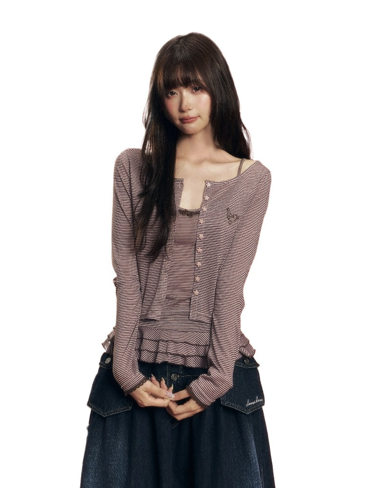 Lyocell Stripe Cardigan & Lace-Trim Cami Set