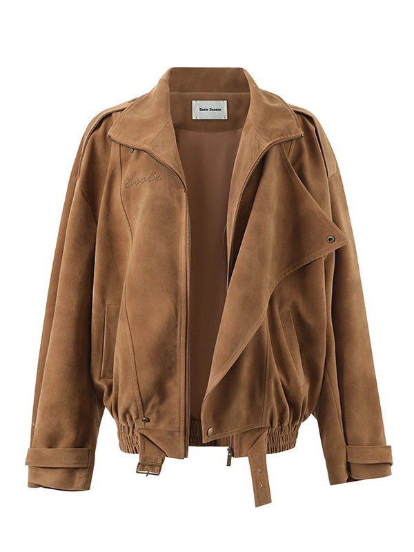 Brown Washed Suede Moto Jacket
