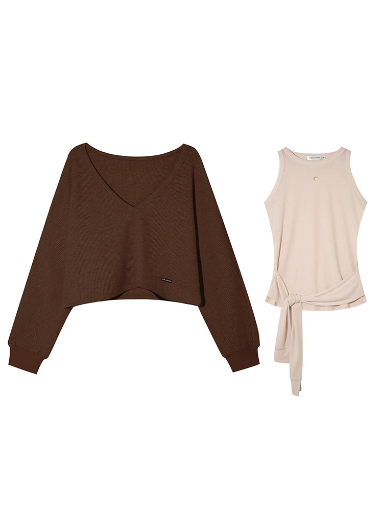 Waffle Knit V-Neck Pullover & Tie Vest Set with Wide-Leg Pants