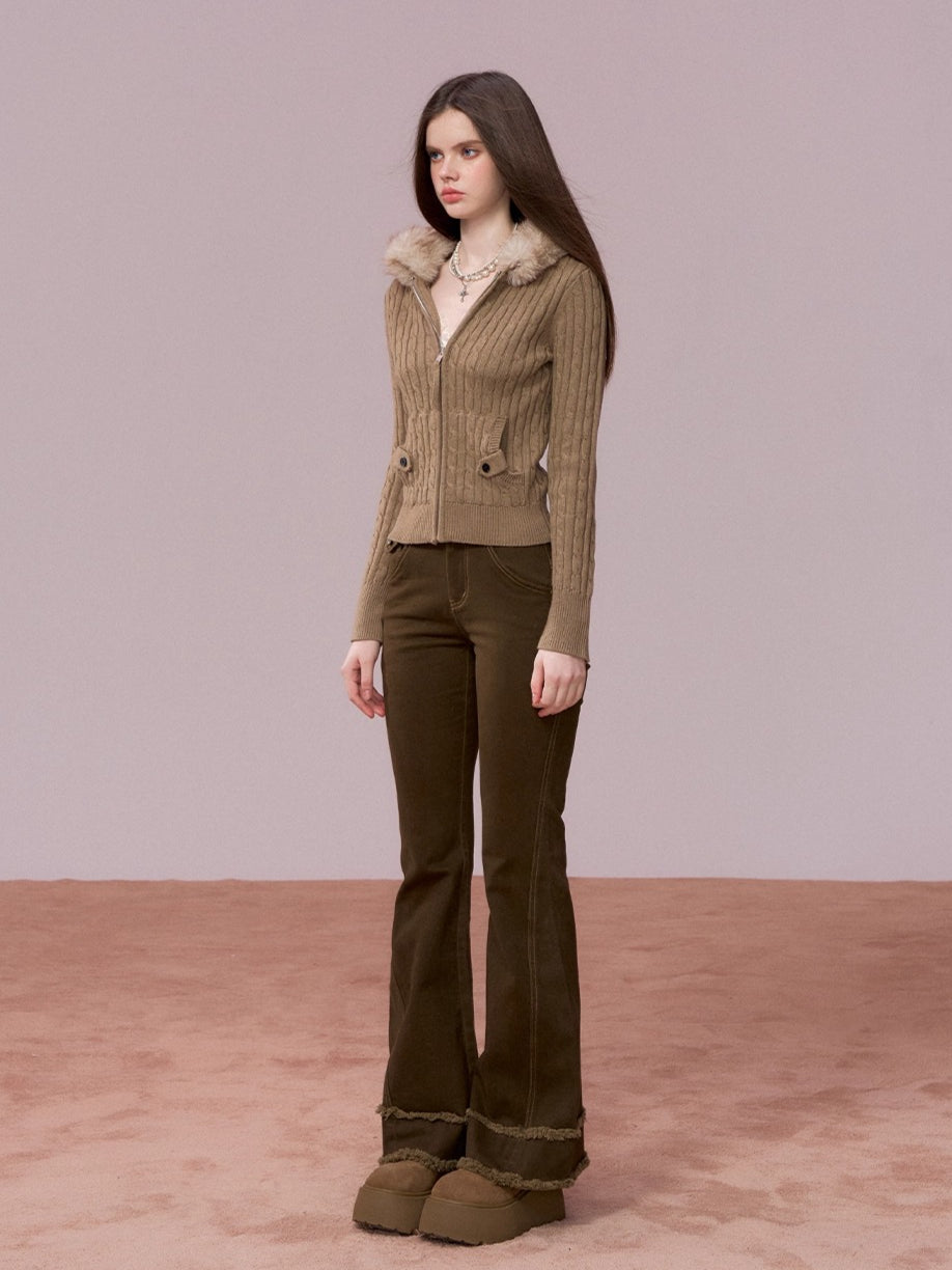 Ripped Hem Fitted Flared Denim Jeans