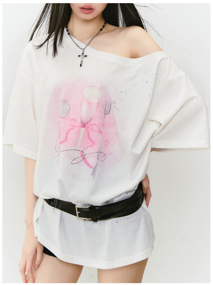 Rhinestone Printed Asymmetric Shoulder Short sleeve T-shirt