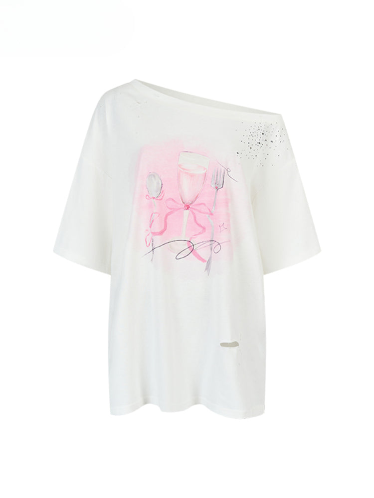 Rhinestone Printed Asymmetric Shoulder Short sleeve T-shirt