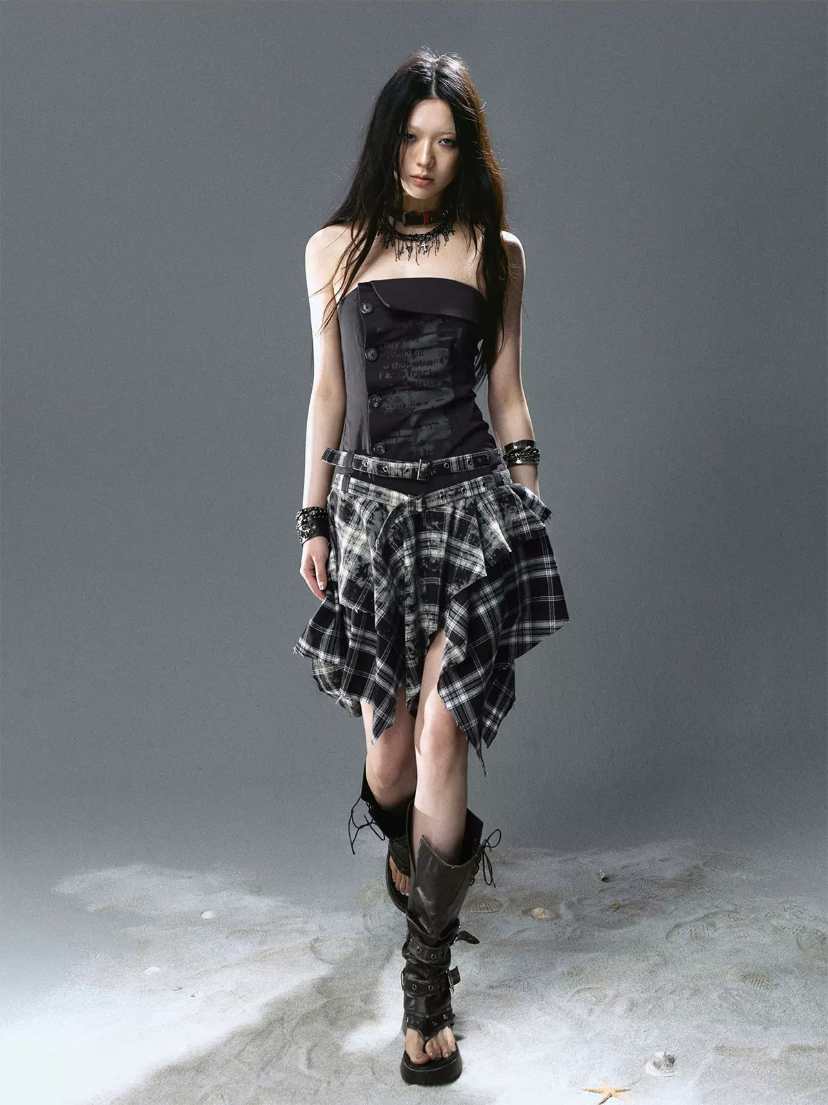 Graffiti Ruched Plaid Bustier Dress