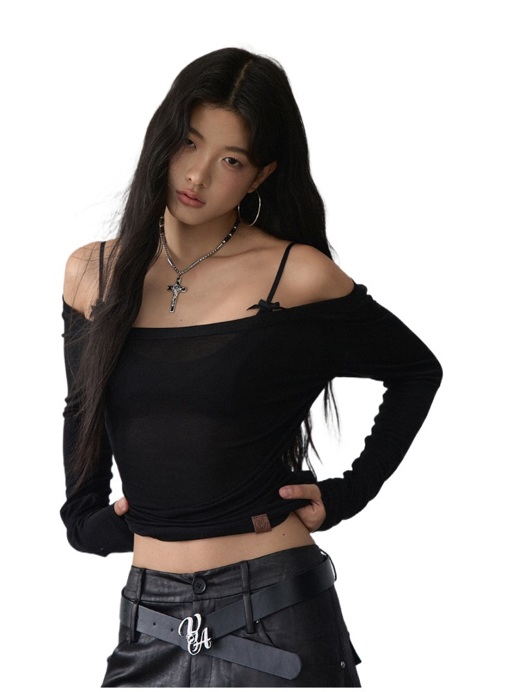 Reversible Off-shoulder Slim Long-sleeve T-shirt