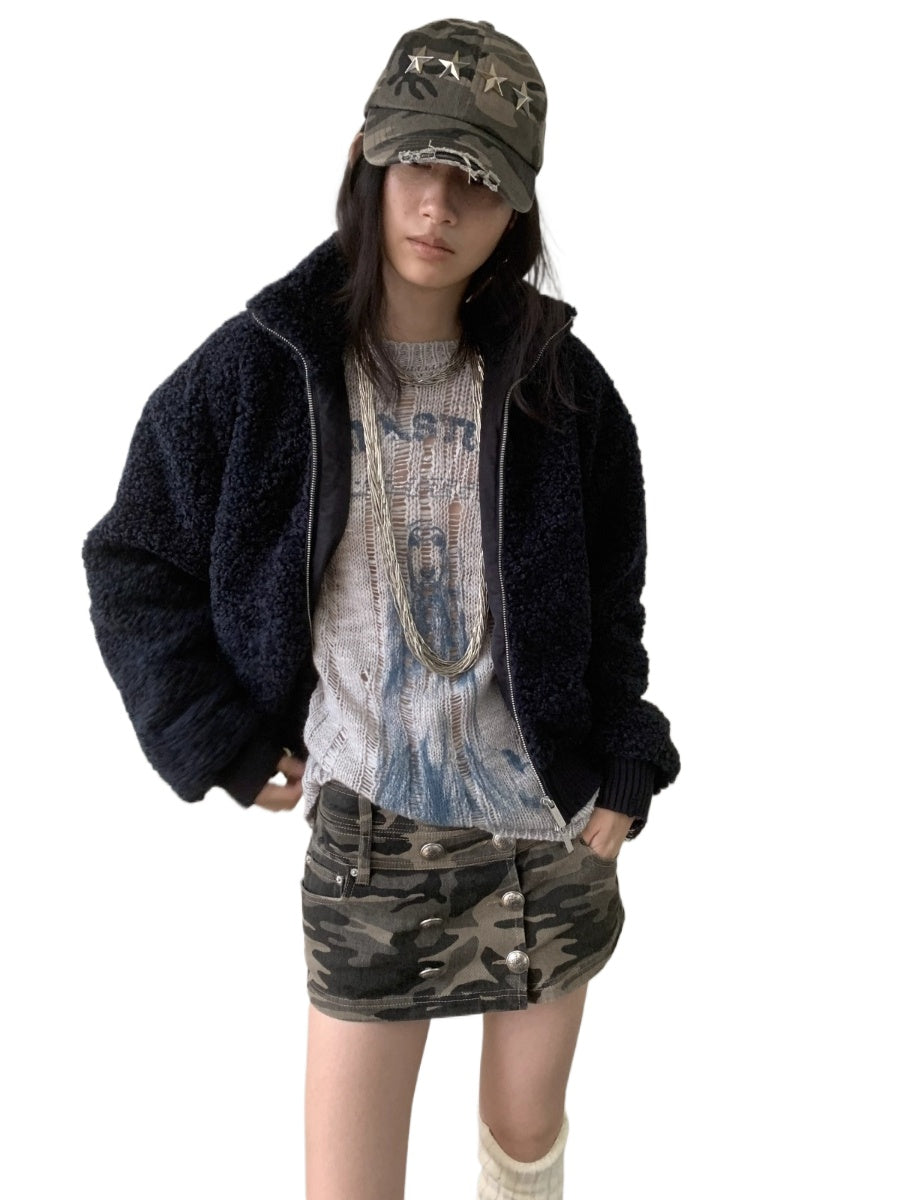 Zip-Up Shearling Textured Fitted Short Coat