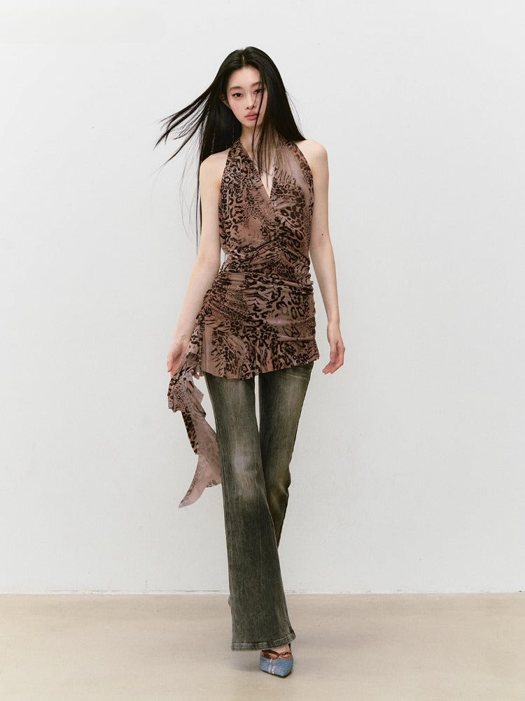 Halter Leopard Print Gathered-Waist Sleeveless Dress