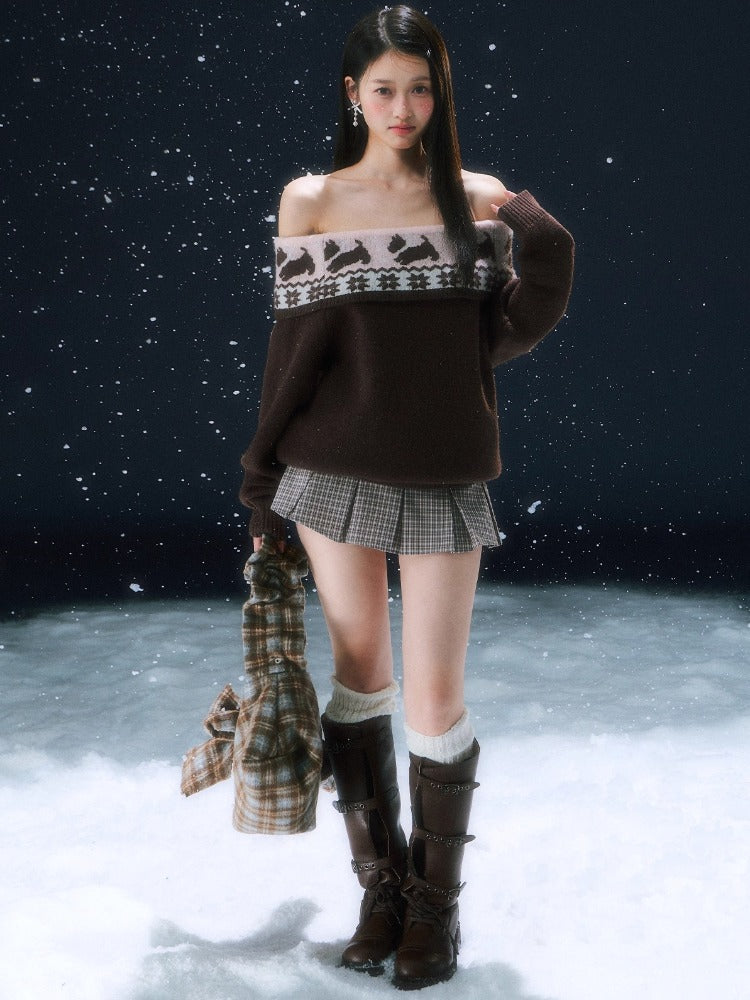 Brown Fair Isle Off-shoulder Sweater & Skirt Set