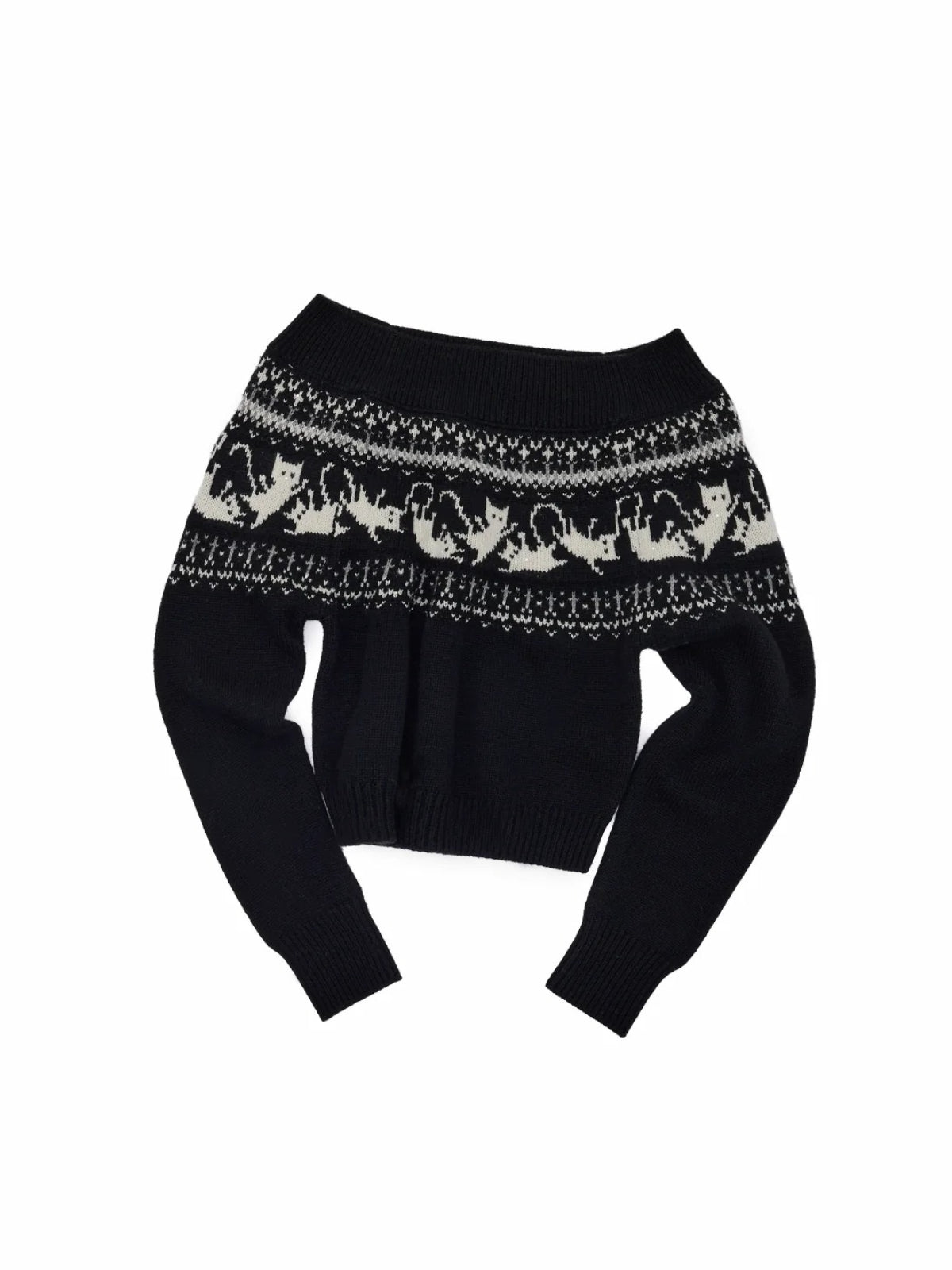 Fair Isle Cat Off-Shoulder Sweater