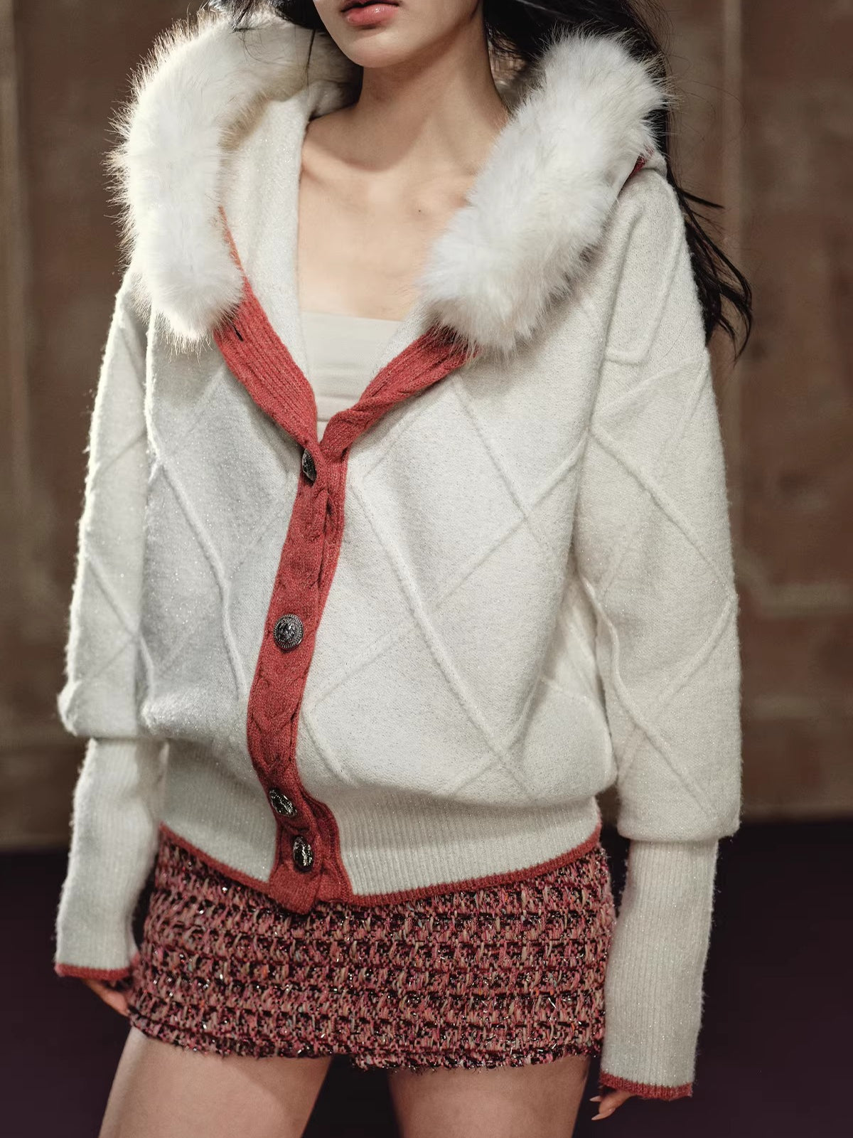 Chunky Knit Diamond Pattern Hooded Cardigan