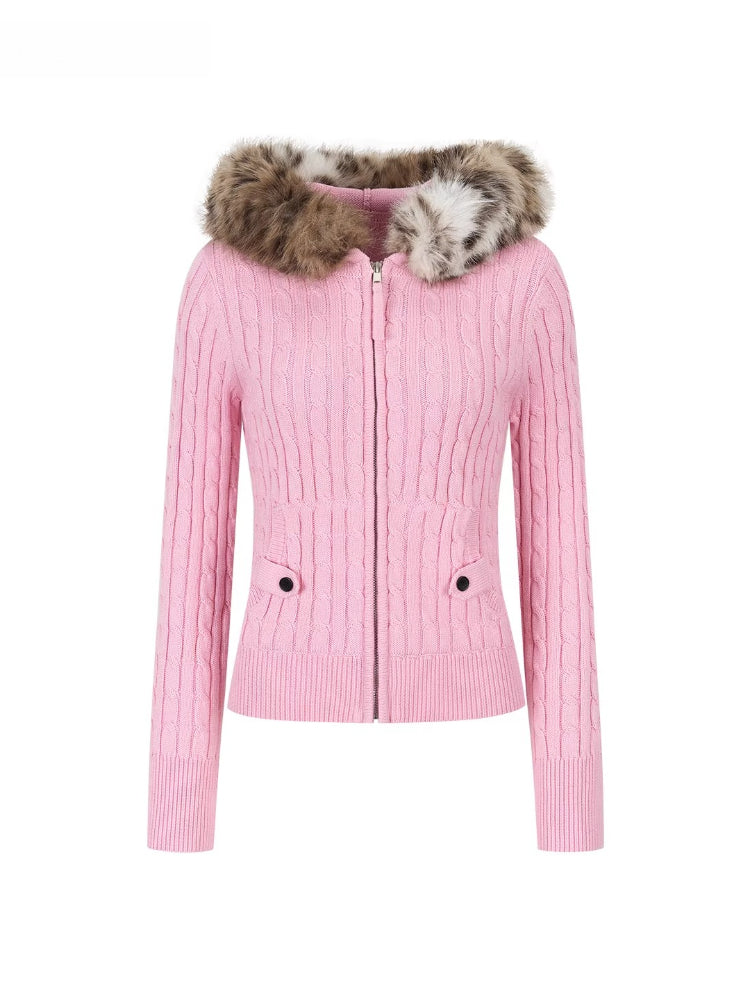 Faux Fur Collar Cable Knit Cardigan