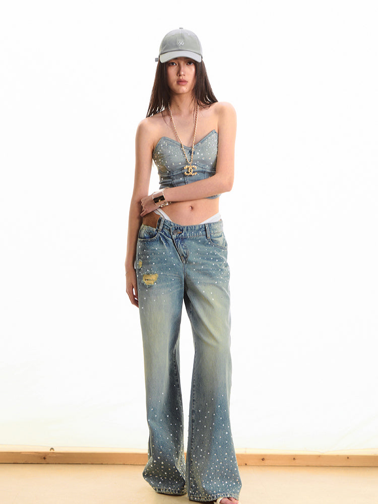 Waist-enhancing Rhinestone Denim Bustier
