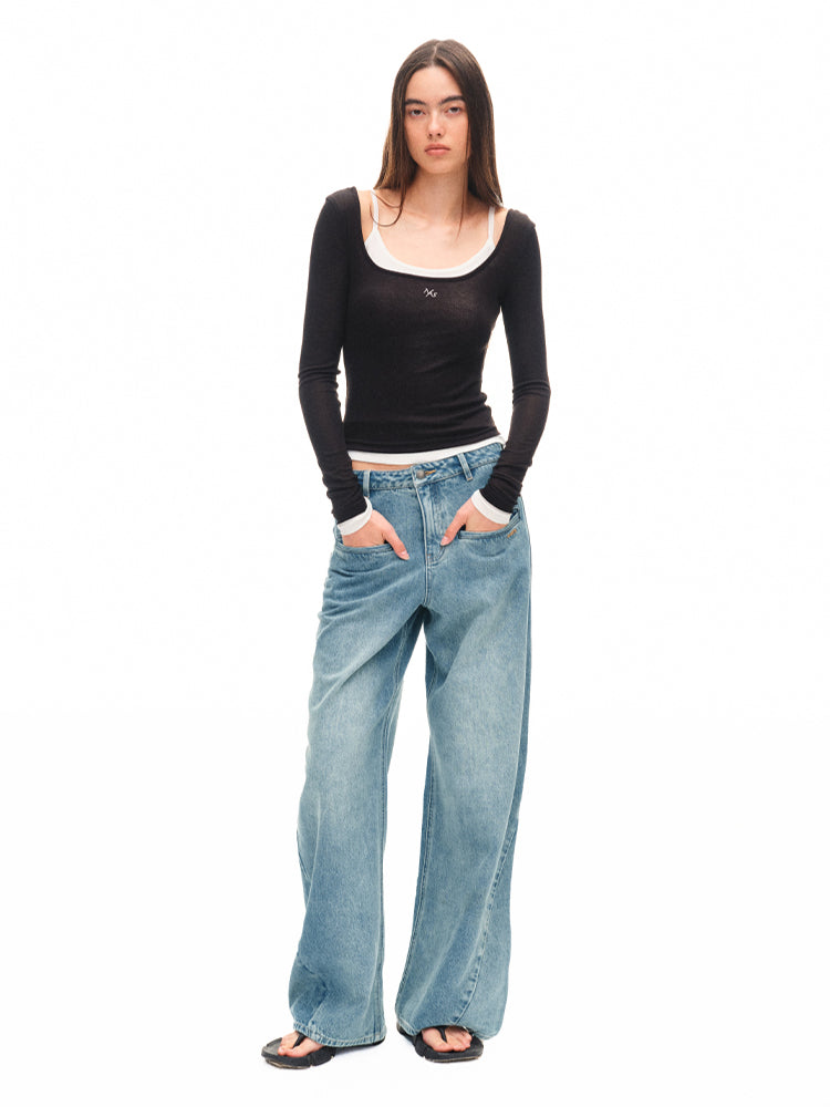 Color-block Two-piece Integrated Strap Layered T-shirt Top