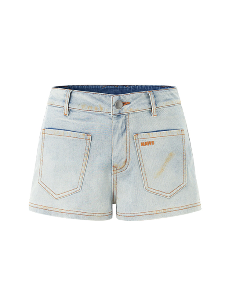 Washed and Distressed Straight-Leg Mid-Rise Hot Pants