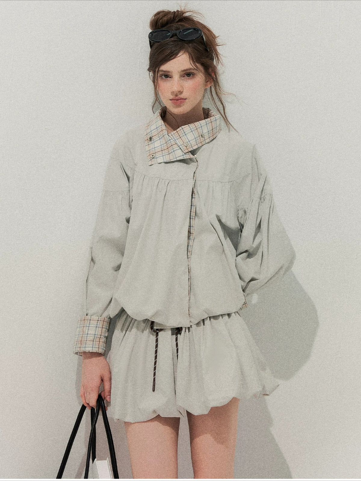 Blue Gray Plaid Trench Coat Set