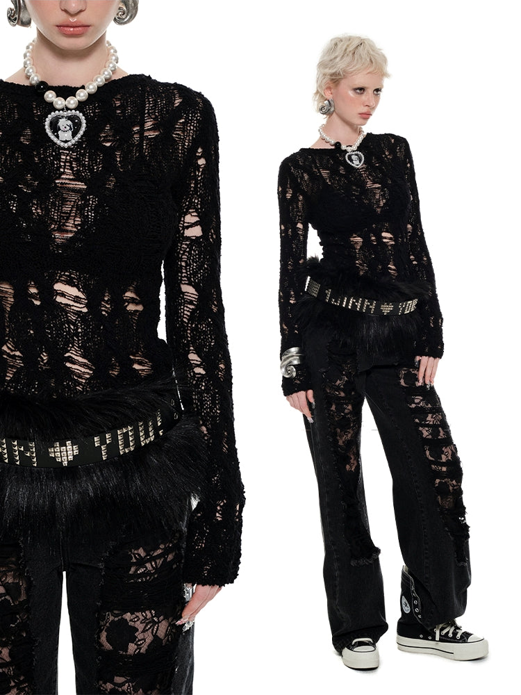 Blue & Black Ripped Lace Denim Jeans