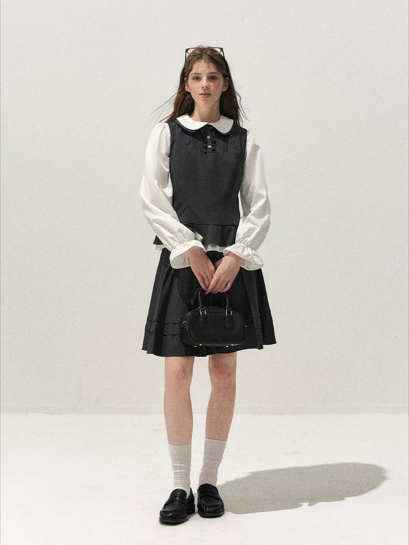 Lace-Trim Vest & Pleated Skirt Set