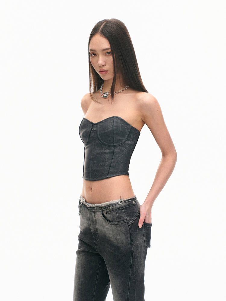 Gray Eco-leather Adjustable Fitted Bustier