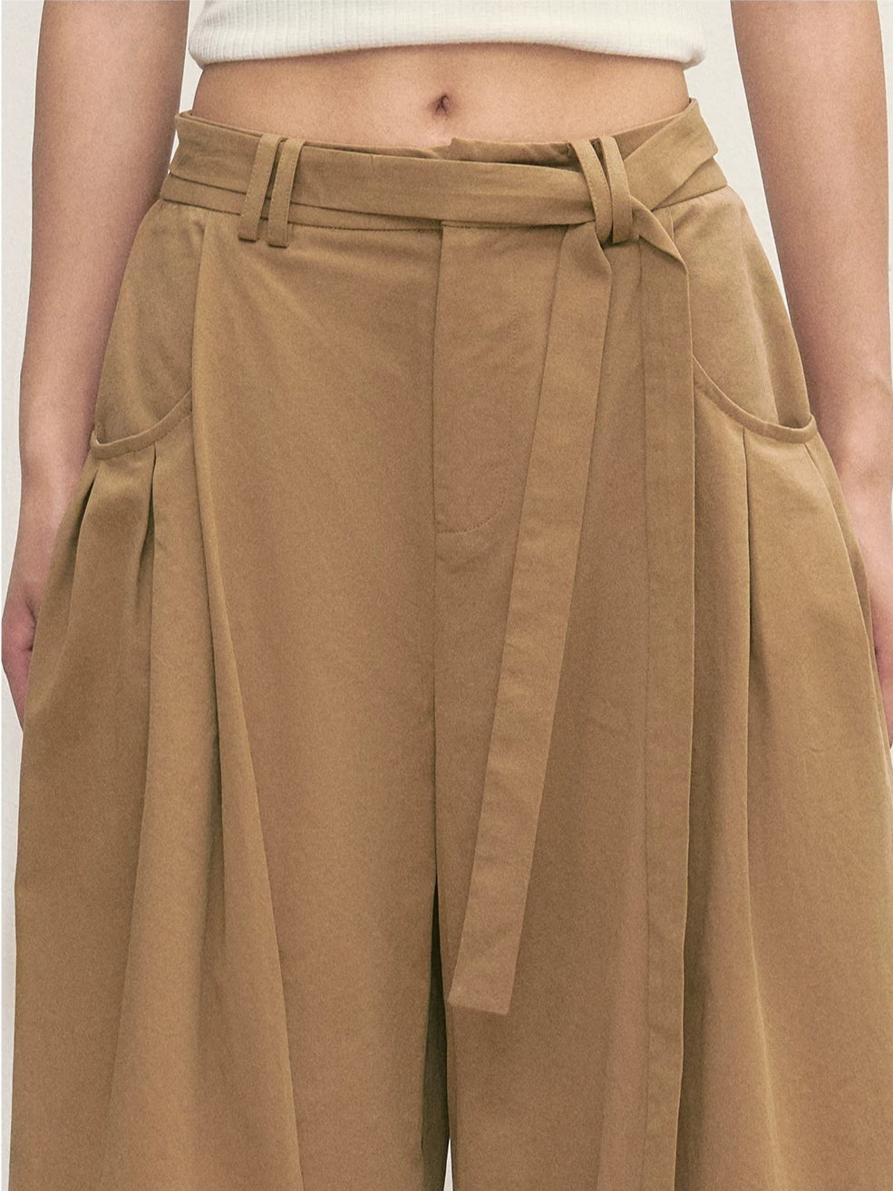 Khaki Tie-Waist Wide-Leg Pants