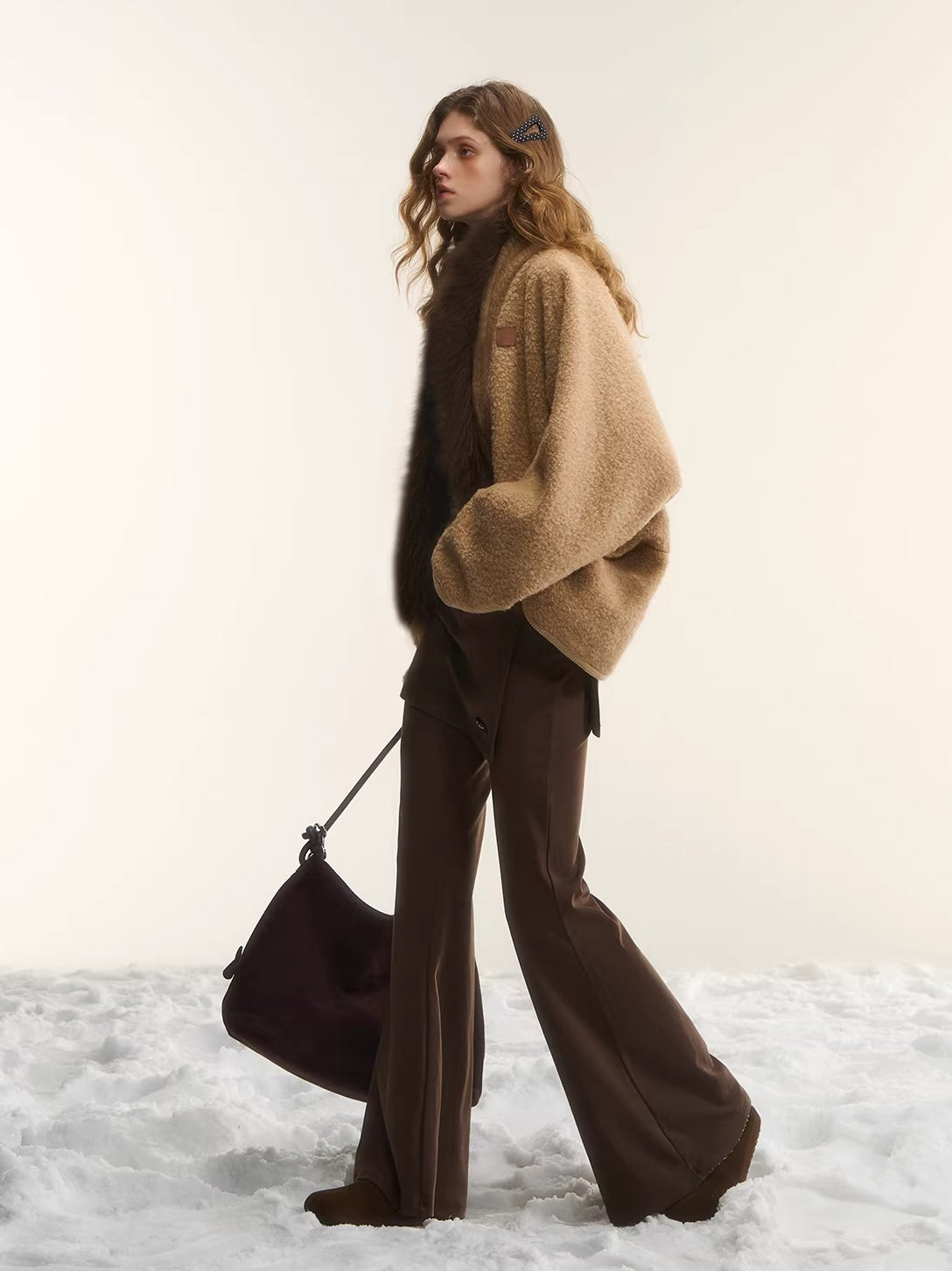 Camel Wool Fur Collar Cape Jacket