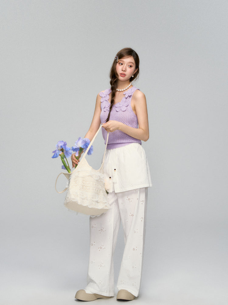 Hollow-Out Fauk Two Piece High-Waist Pants
